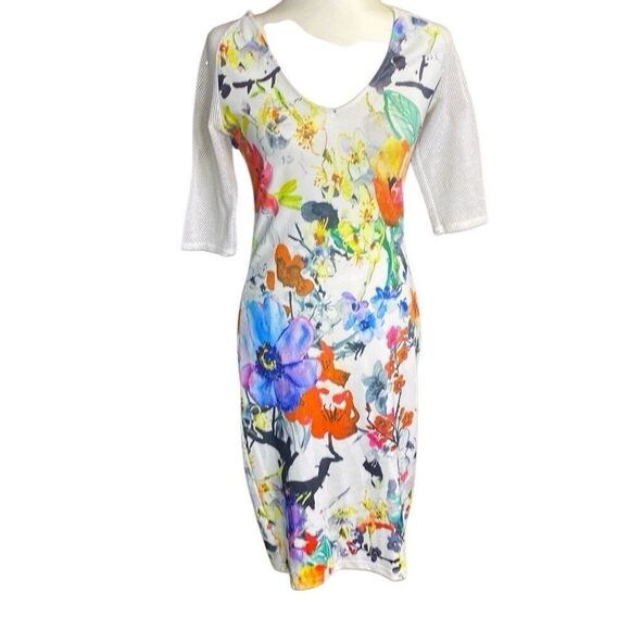 Fashion House Body-con Fitted Knee Length V Neck Jersey Knit Floral Dress Size L - Picture 1 of 8